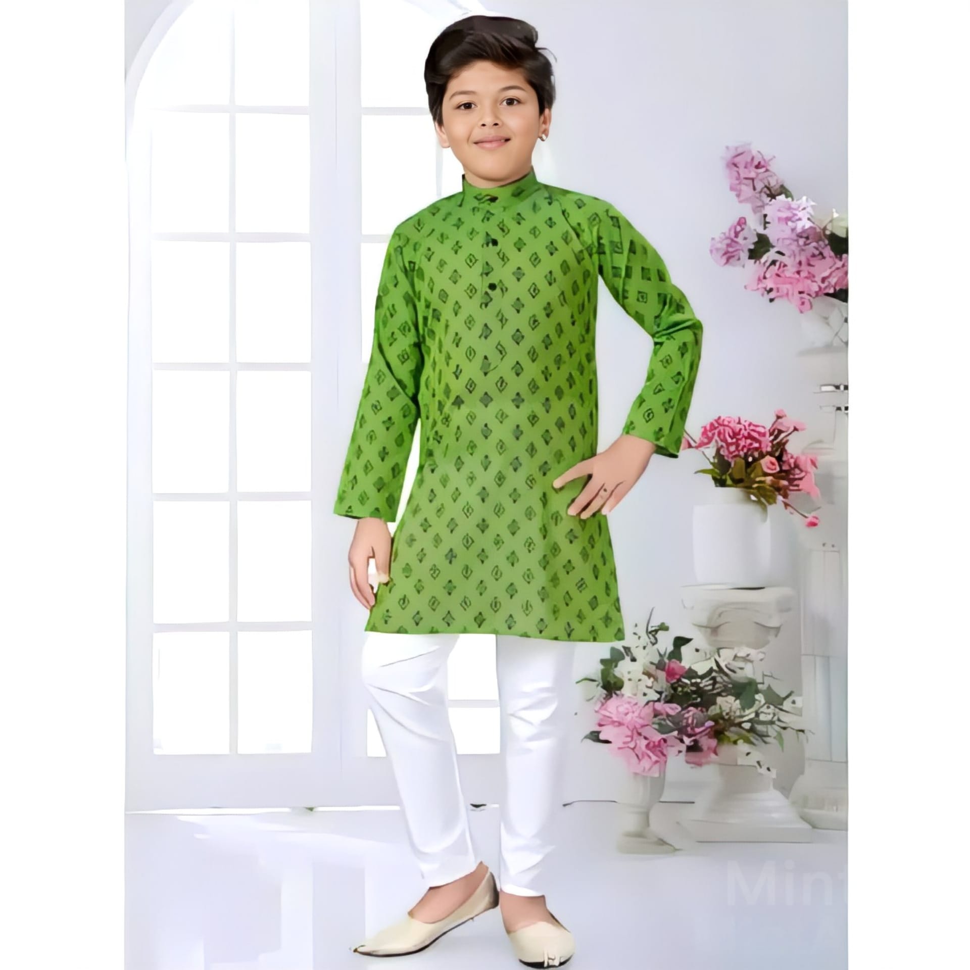 Printed Kurta Pyjama Green Colour