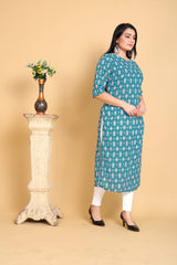 Teal Printed Cotton Kurti Women