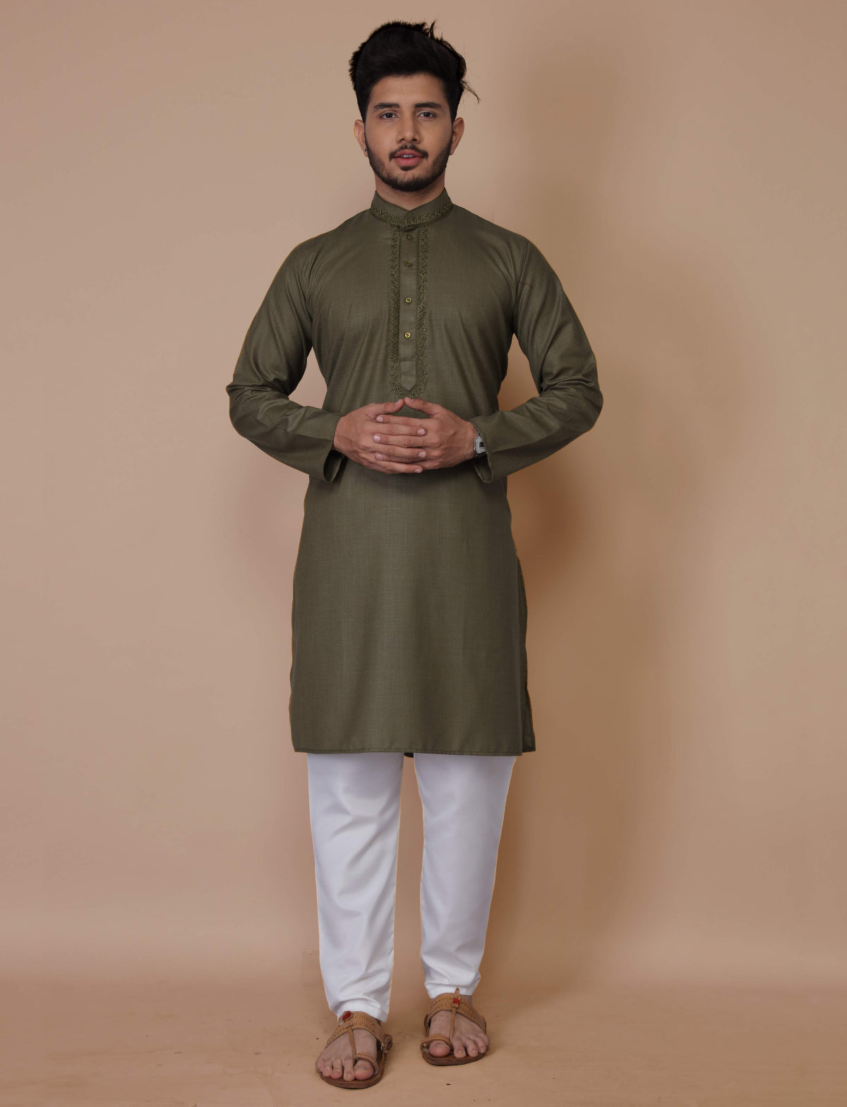 Green Embroidered Cotton Kurta Pajama