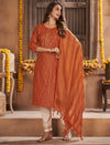 Embroidered Cotton Suit in Orange