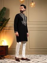Mens Black Embroidery Kurta Pajama