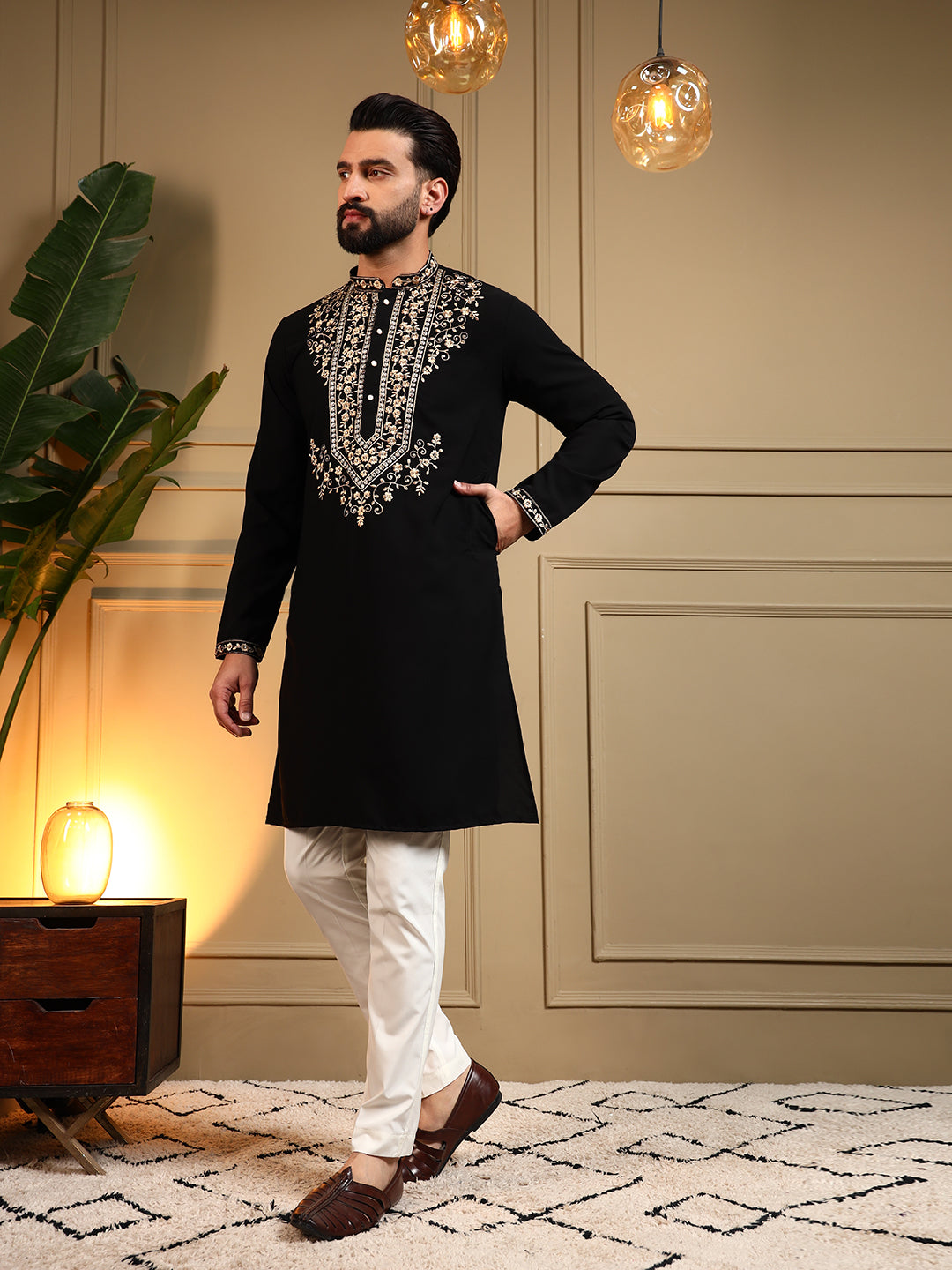 Mens Black Embroidery Kurta Pajama
