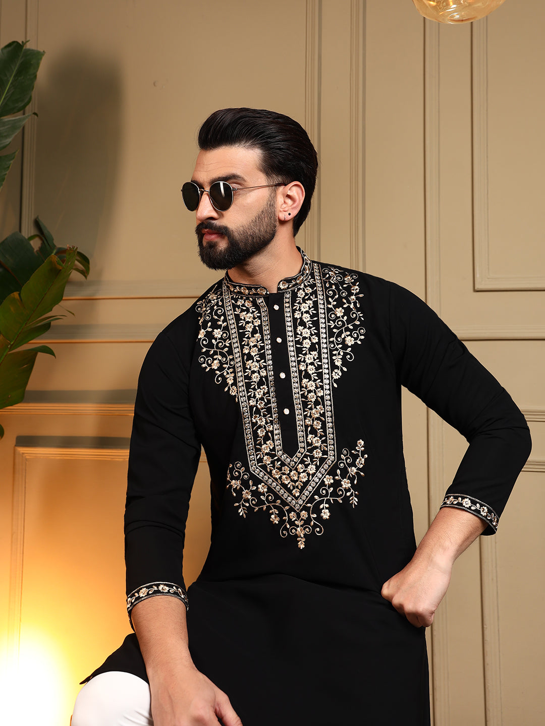 Mens Black Embroidery Kurta Pajama