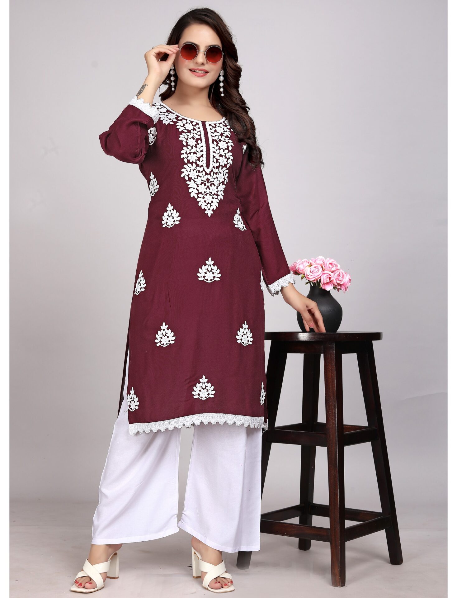 Lucknowi Maroon Rayon Kurti Set