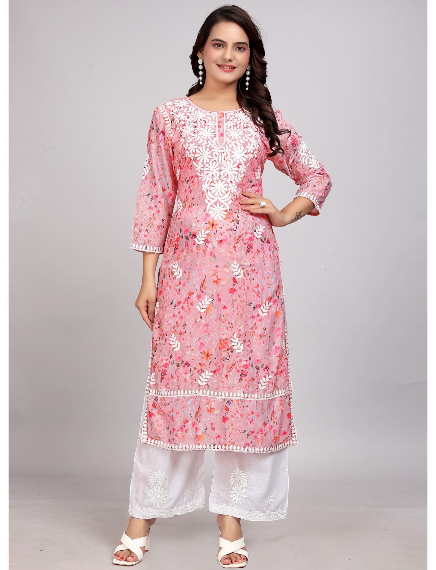 Lucknowi Pink Floral Kurti Set