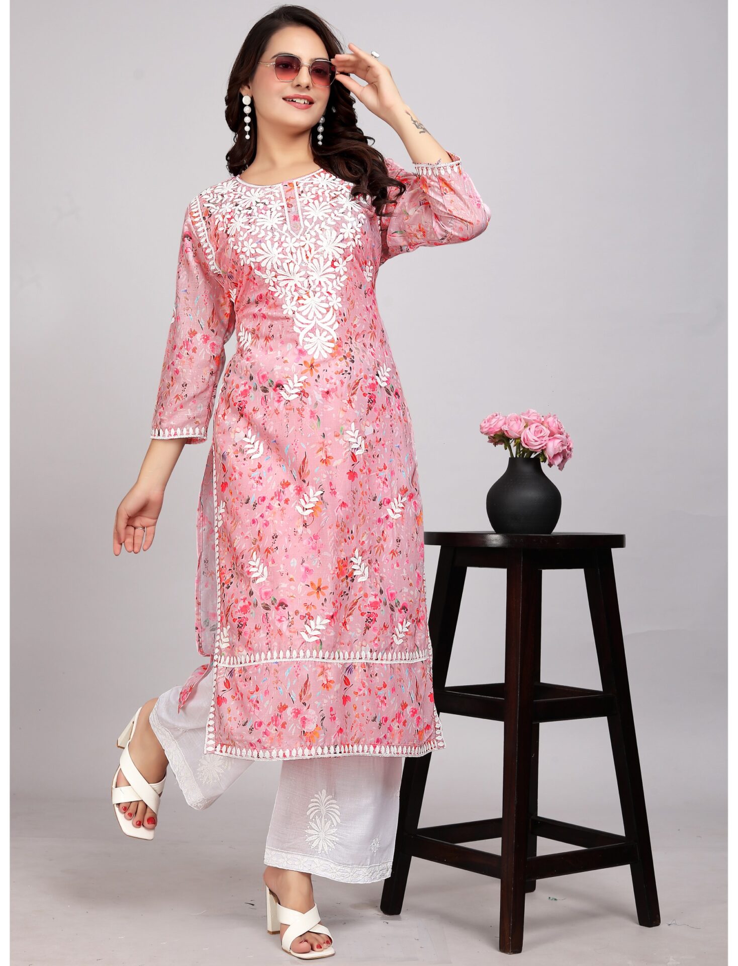 Lucknowi Pink Floral Kurti Set