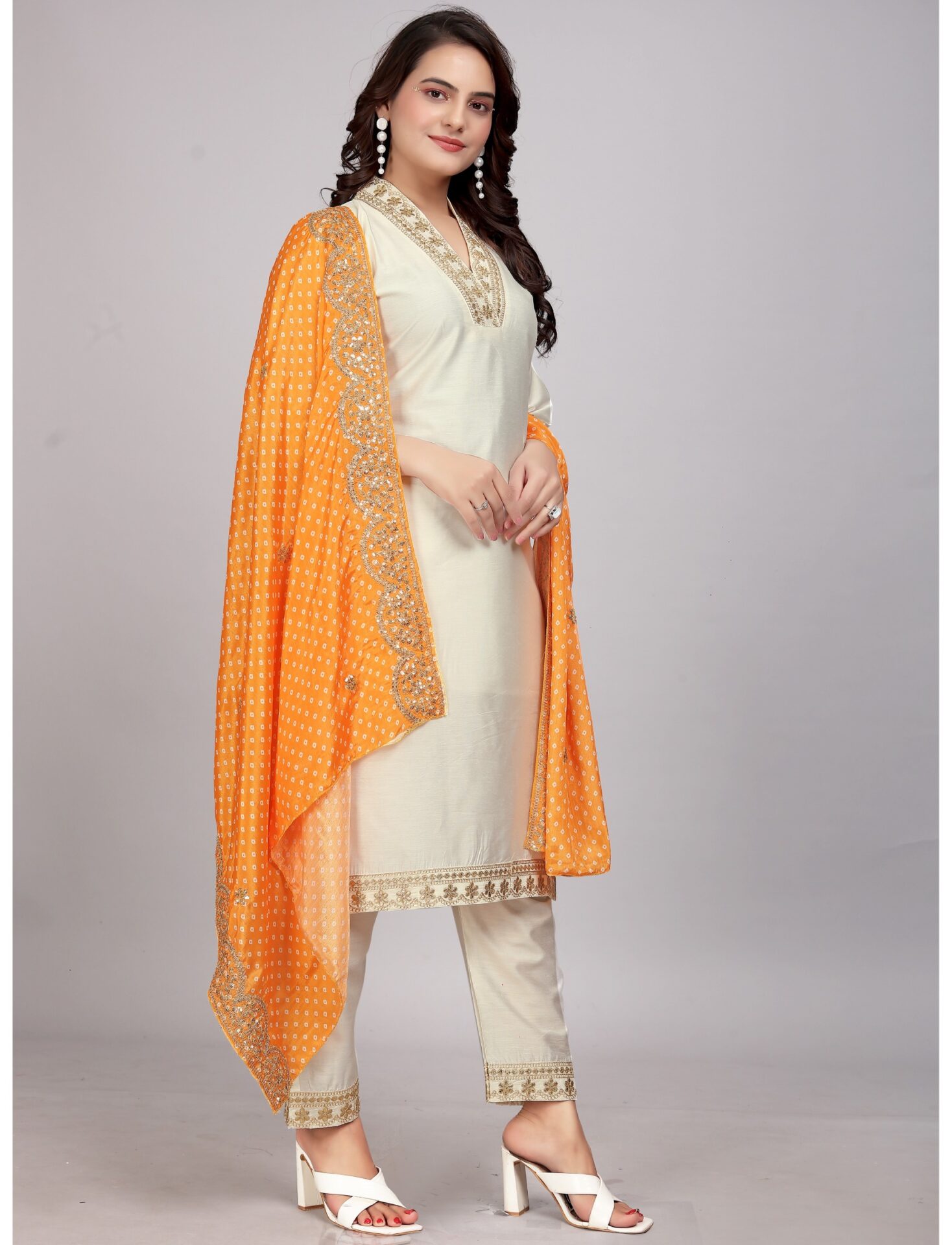 Orange Dupatta Off White Kurta Set