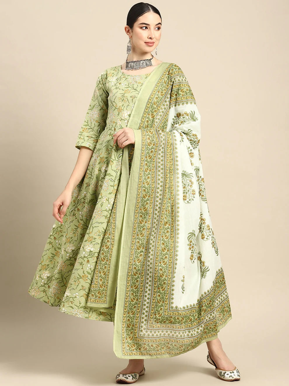 Green Floral Printed Anarkali Set