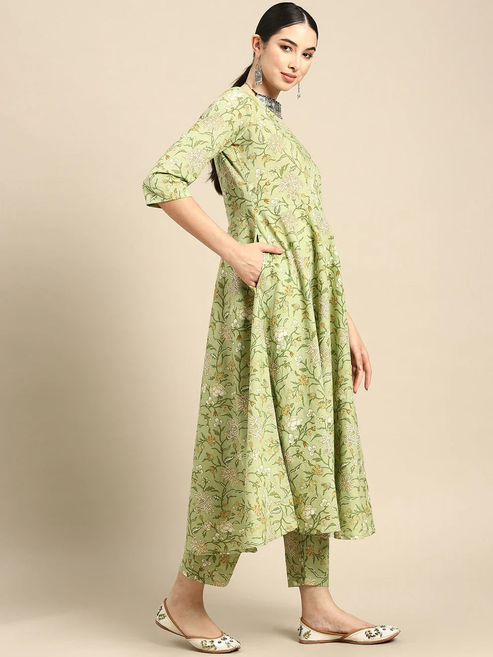 Green Floral Printed Anarkali Set