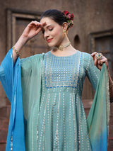 Embroidered Cotton Blend Anarkali Kurta Pant Dupatta Set