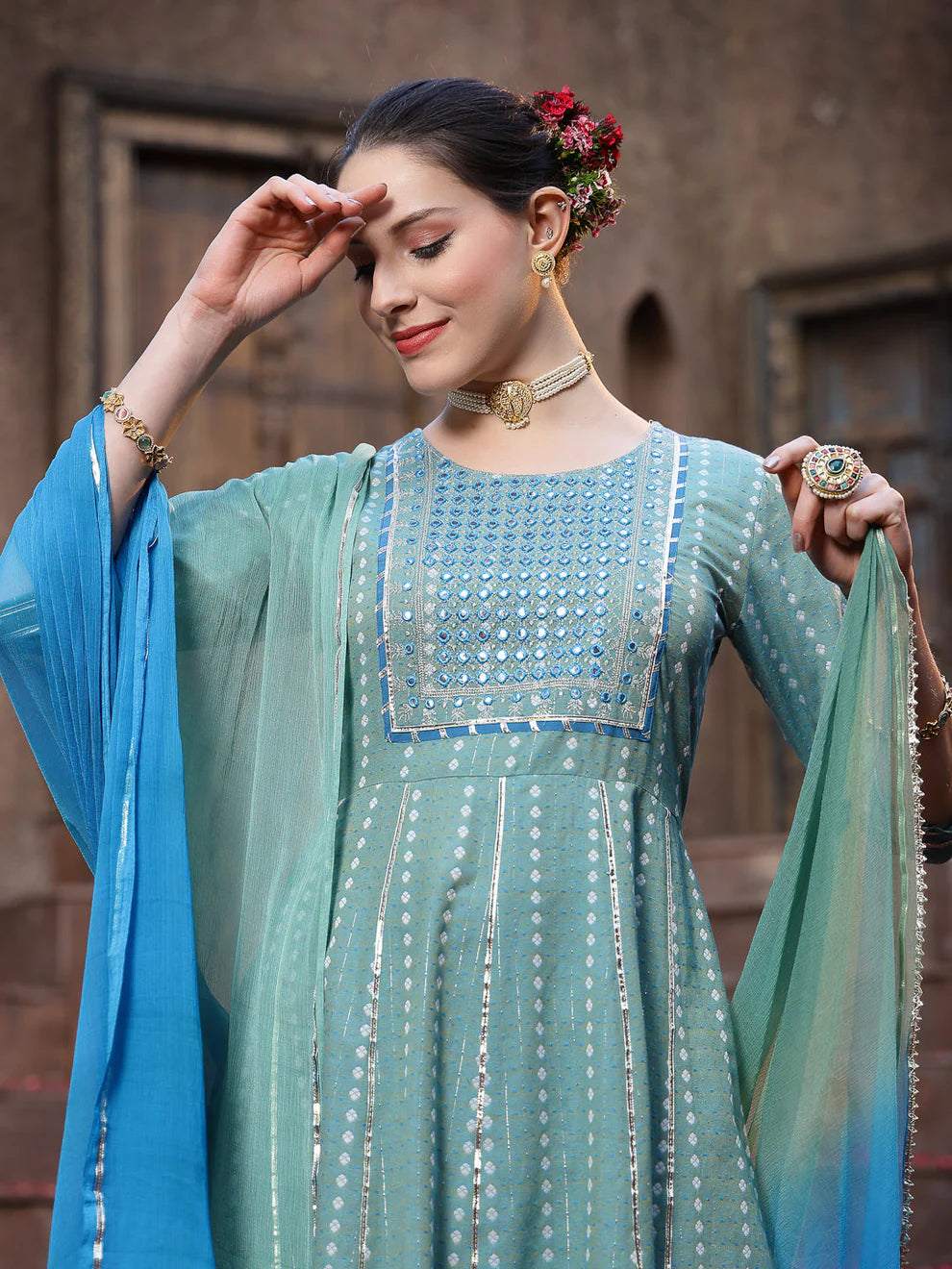 Embroidered Cotton Blend Anarkali Kurta Pant Dupatta Set