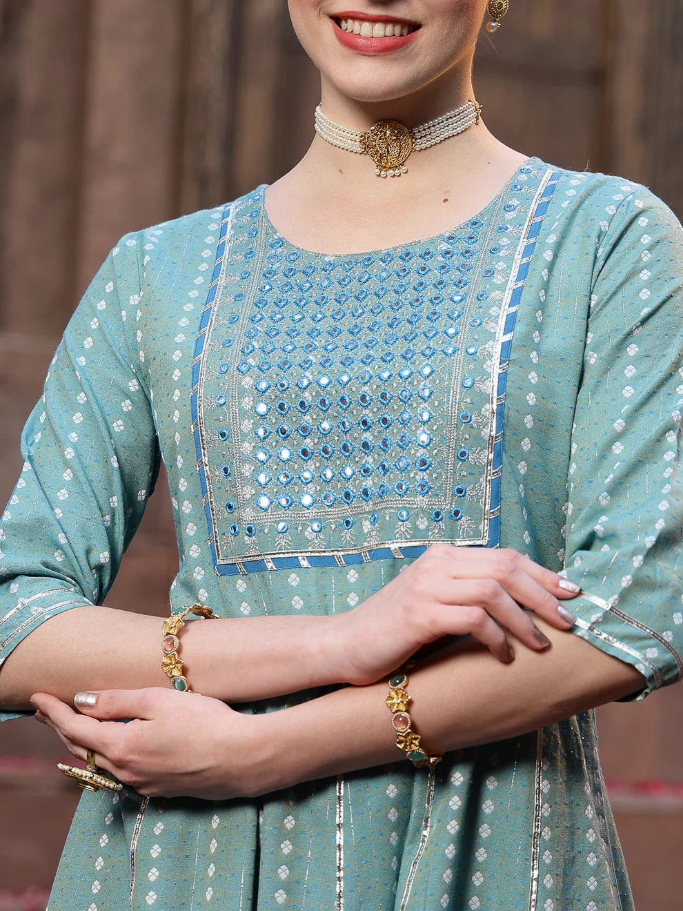 Embroidered Cotton Blend Anarkali Kurta Pant Dupatta Set