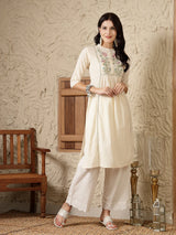 Cream Embroidered Cotton A-Line Kurta