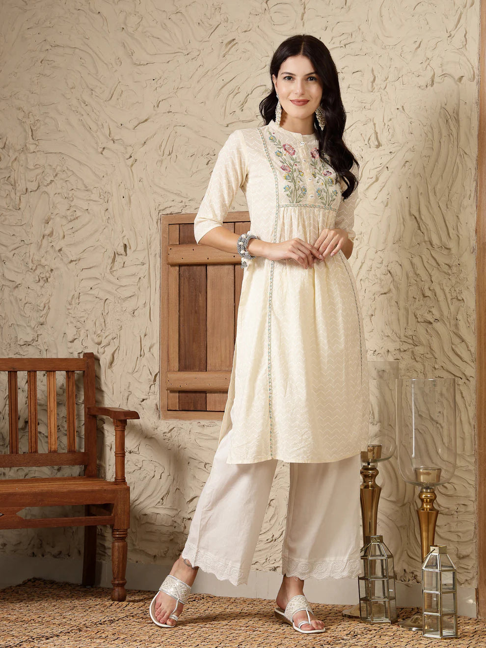 Cream Embroidered Cotton A-Line Kurta