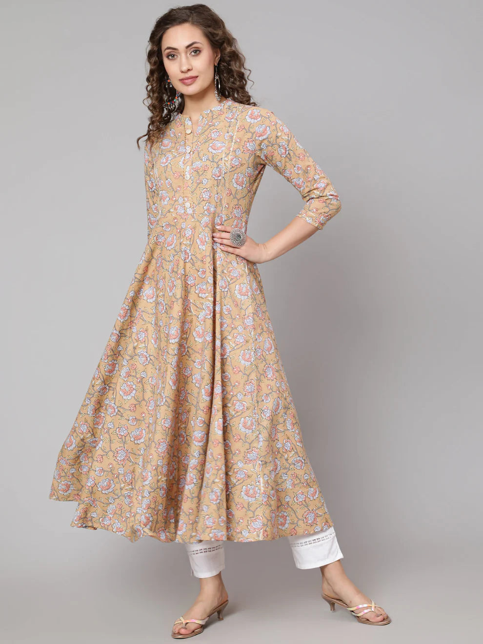 Floral Printed Mandarin AnarkaliKurta