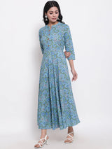 Blue Printed Mandarin Neck Flared Kurta