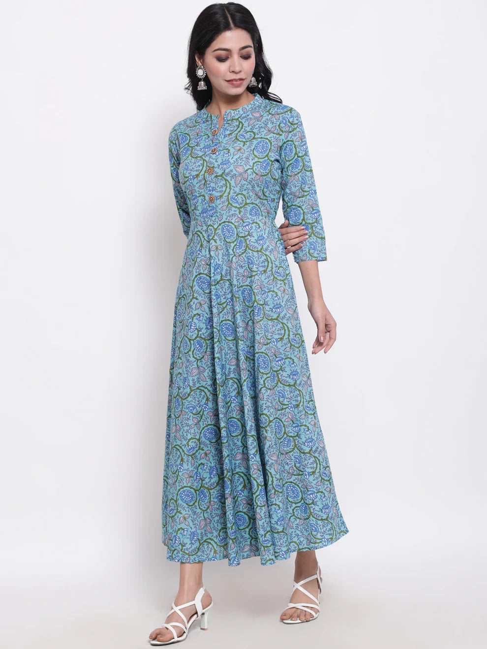 Blue Printed Mandarin Neck Flared Kurta