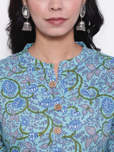 Blue Printed Mandarin Neck Flared Kurta