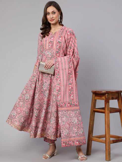 Cotton Printed Ankle Length Flared Round Neck Kurta, Pants With Dupatta Set