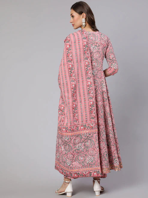 Cotton Printed Ankle Length Flared Round Neck Kurta, Pants With Dupatta Set