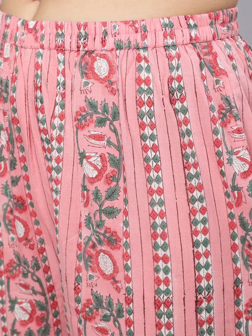 Pink floral patterned pants with a close-up view.