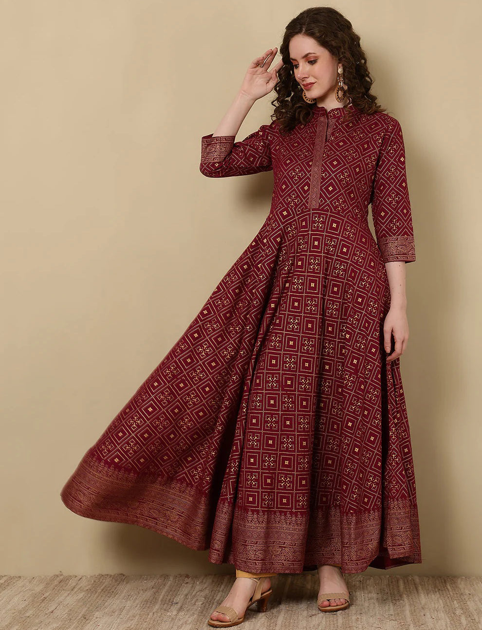 Printed Ankle LengthMandarin Neck Anarkali Kurta