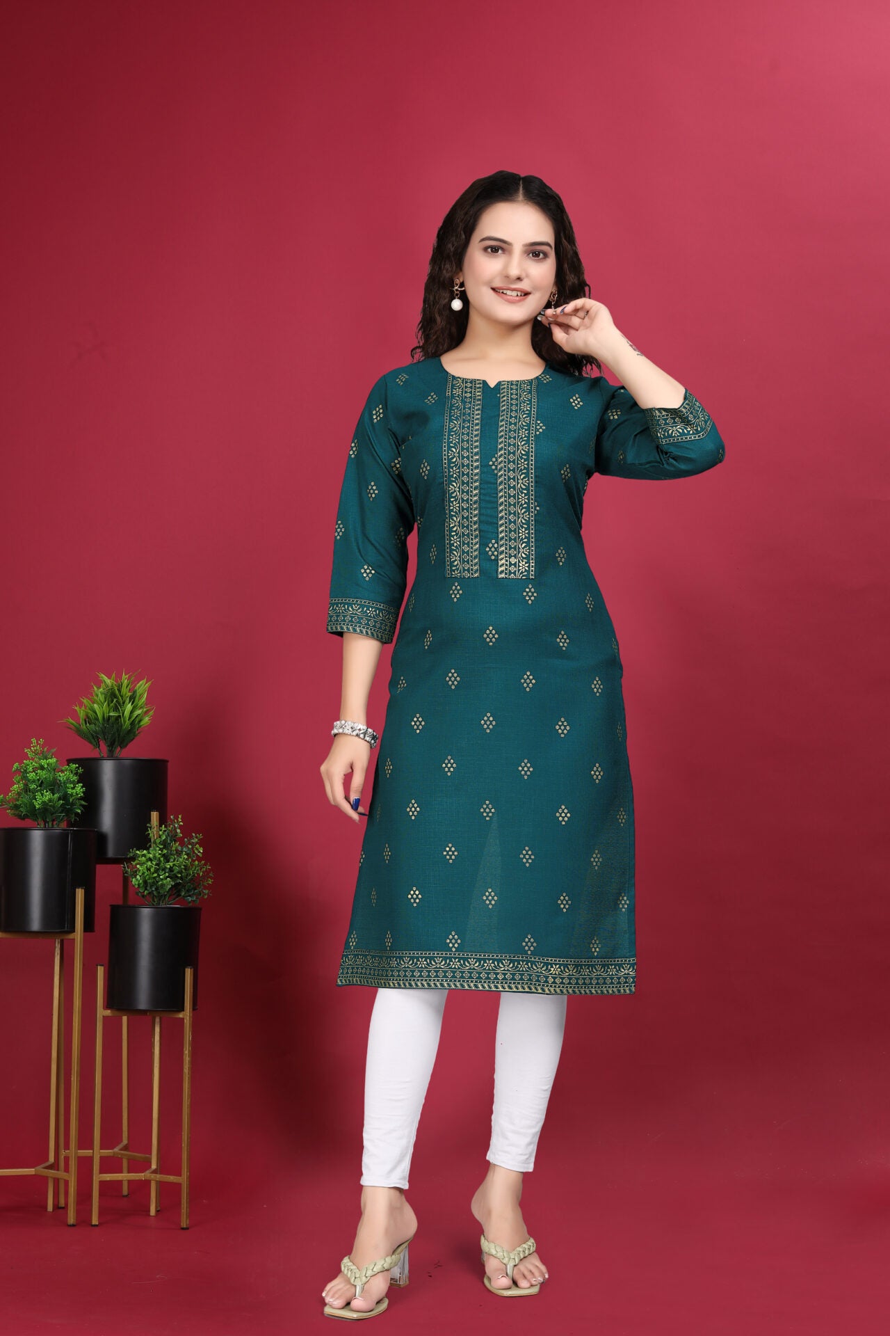 Teal Cotton Printed Kurti Women