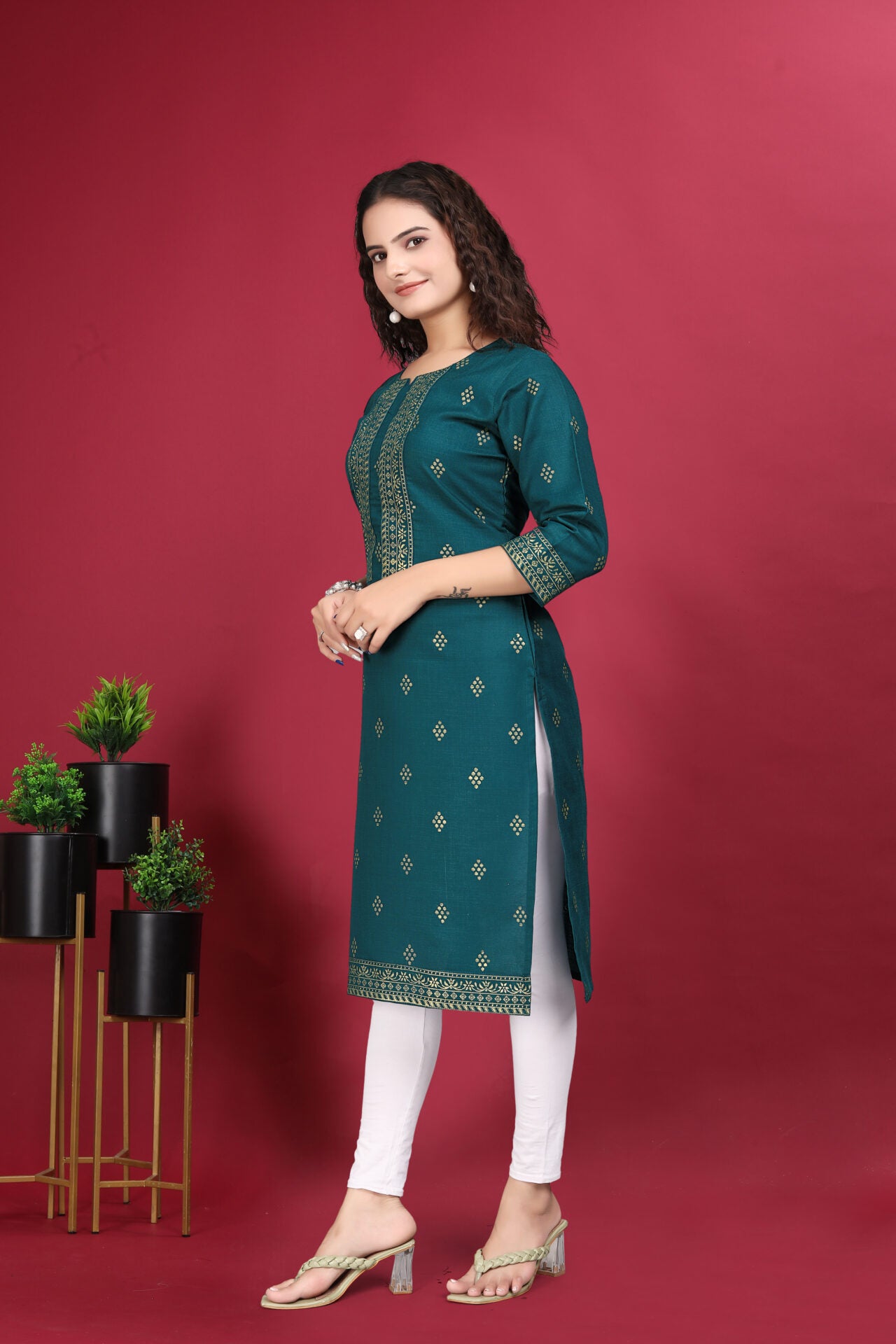 Teal Cotton Printed Kurti Women
