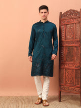 Men Teal Blue Embroidered Kurta Pajama