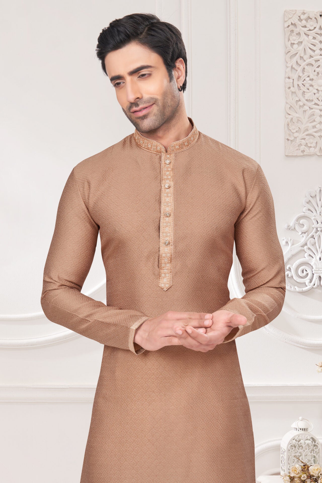 Beige Jacquard Kurta Pajama