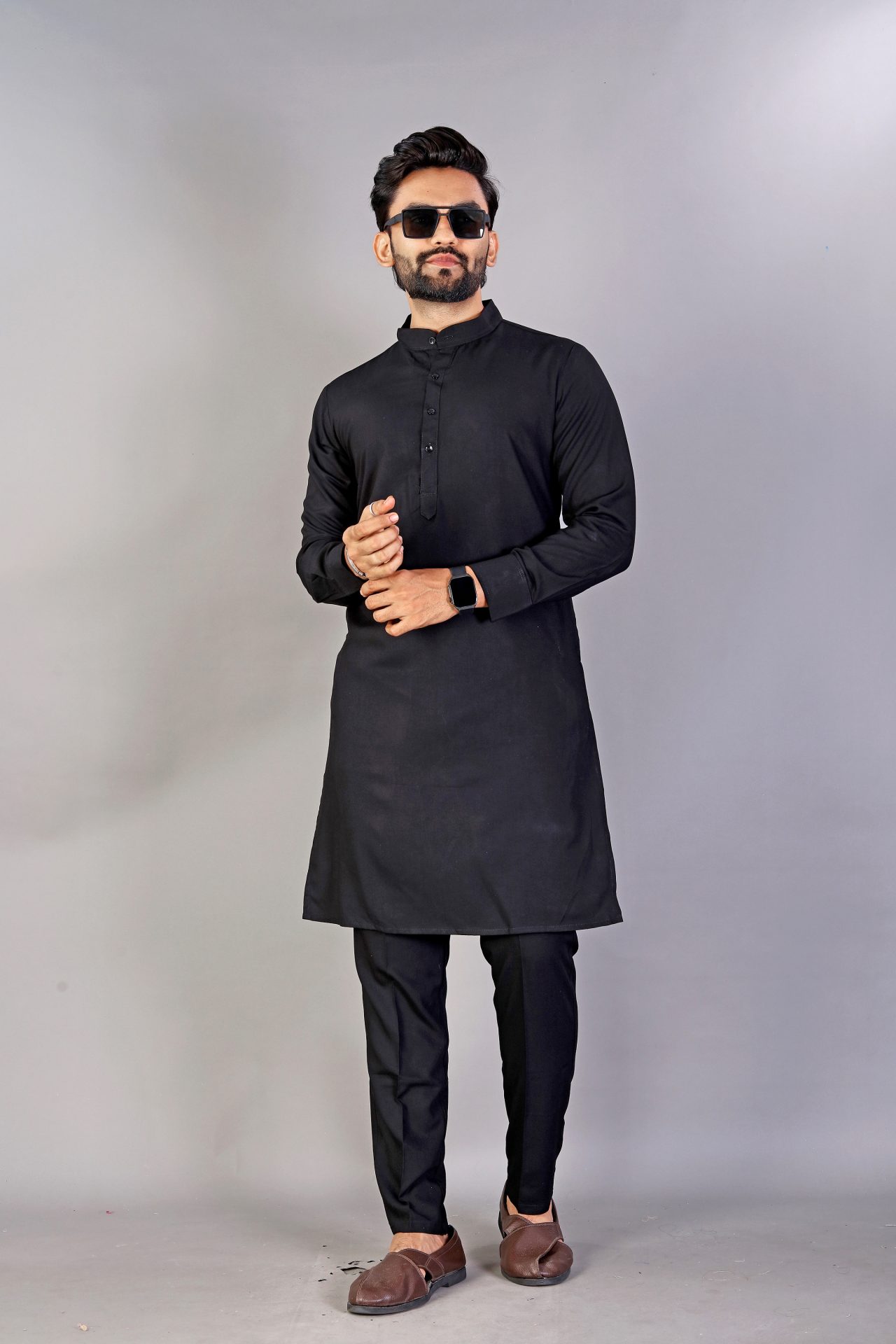 Ban Collar Black Cotton Kurta Pajama