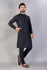 Ban Collar Black Cotton Kurta Pajama