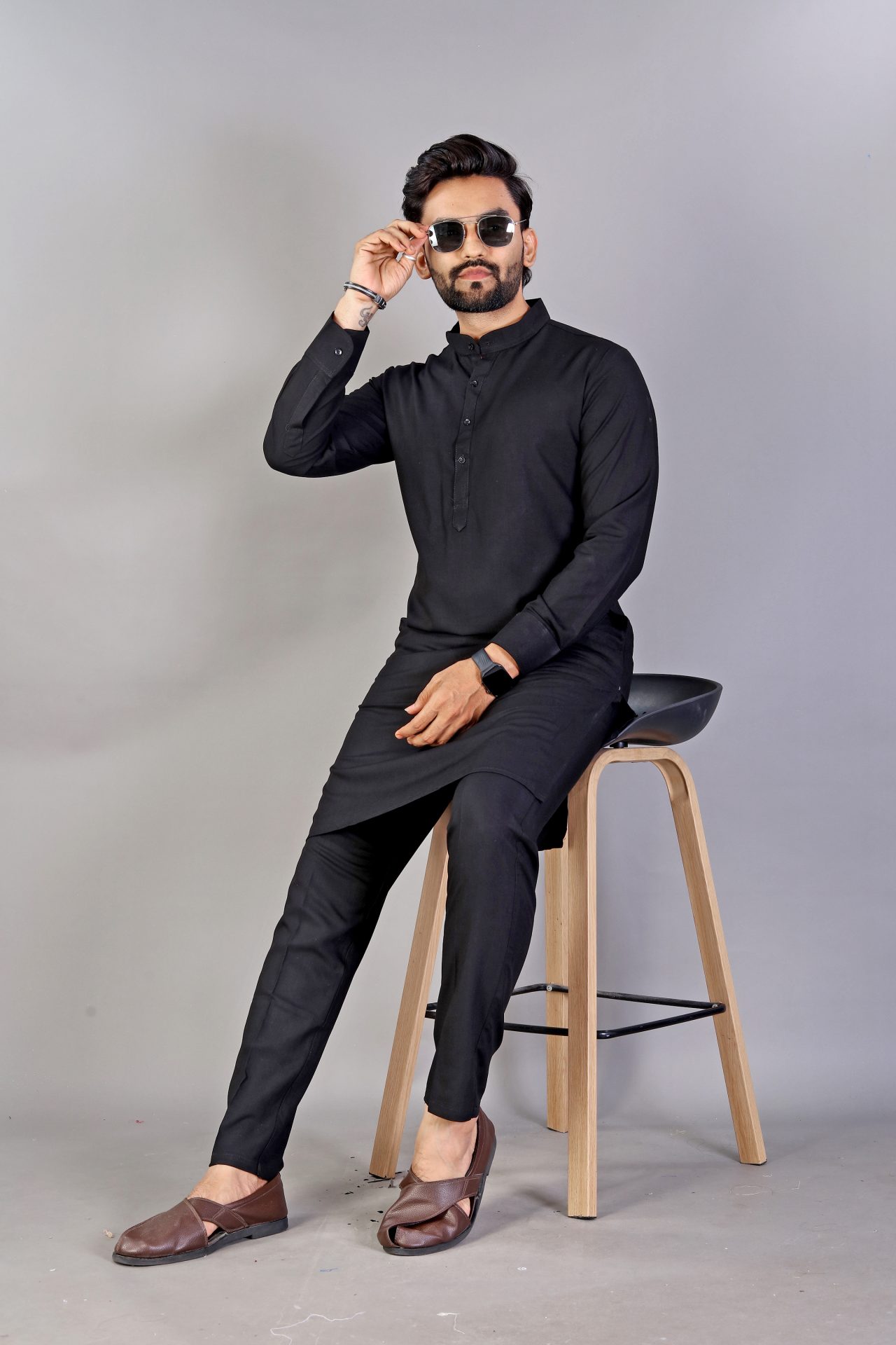 Ban Collar Black Cotton Kurta Pajama