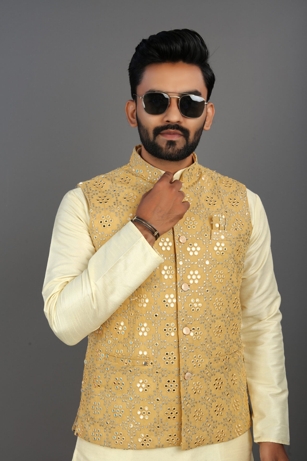 Georgette Mirror-work Nehru Jacket Mens