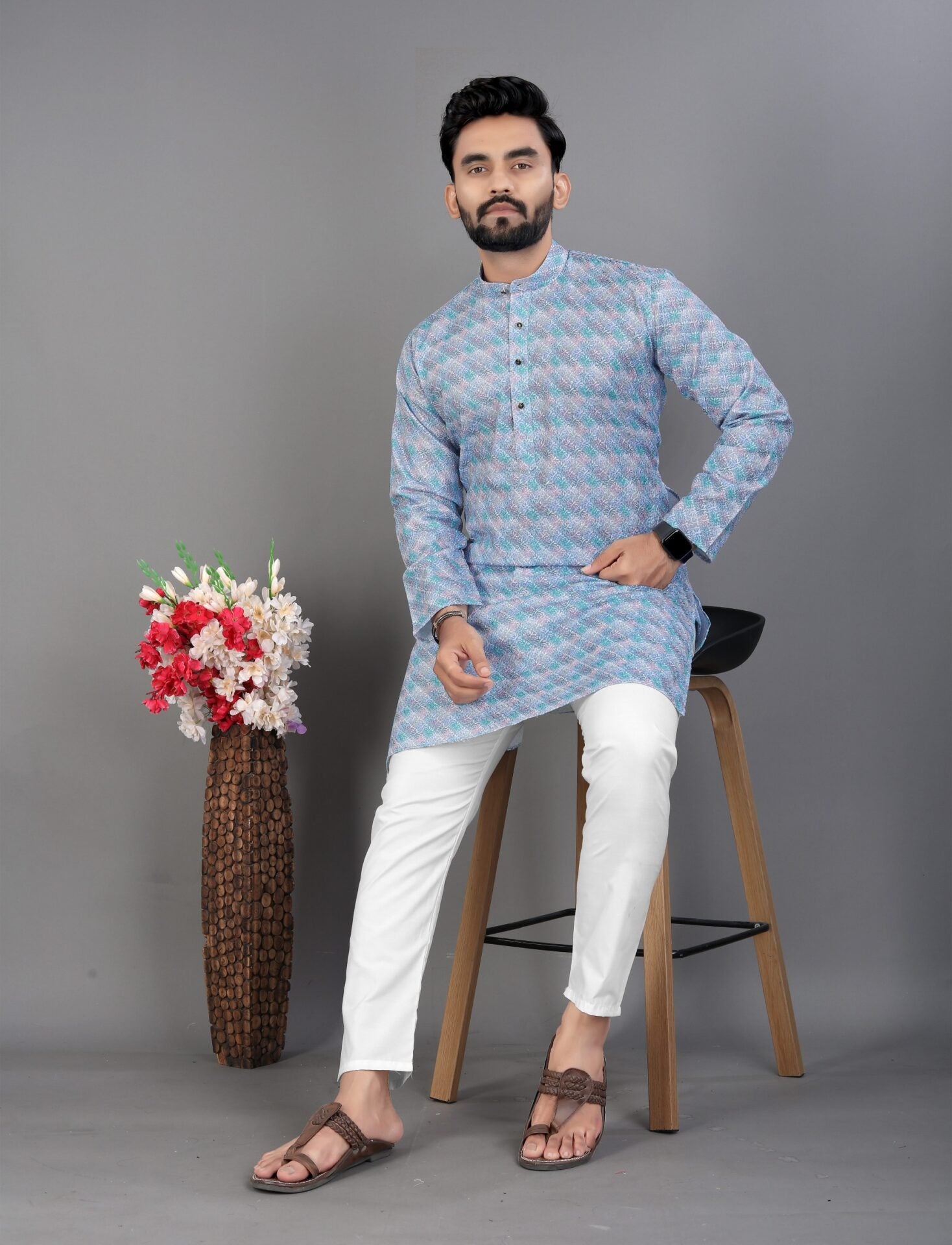 Printed Cotton Blue Kurta Pajama