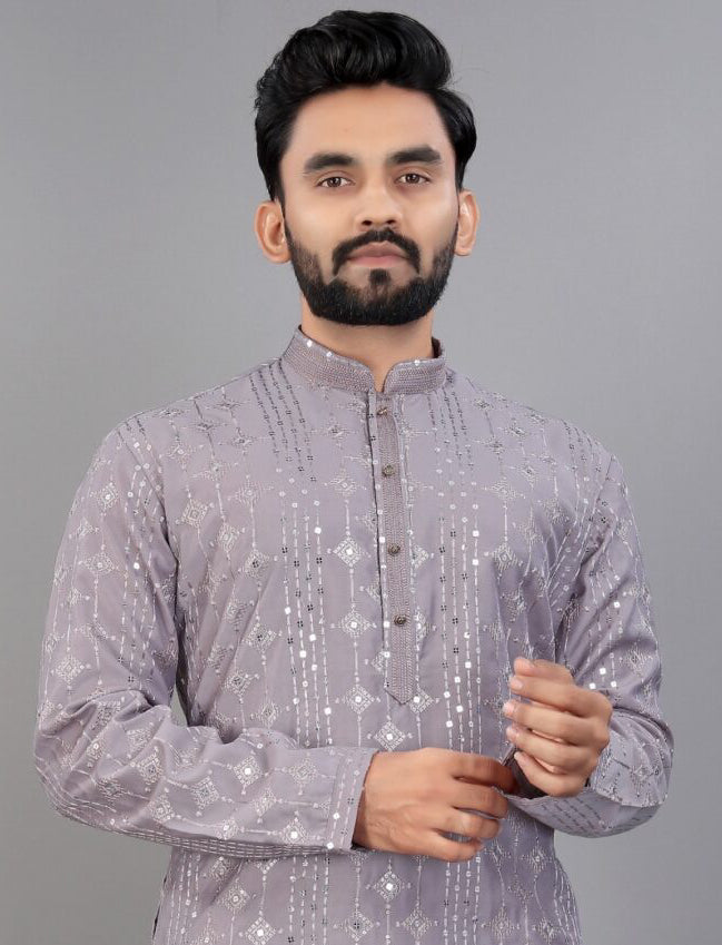 Lilac Embroidered Men Kurta Pajama
