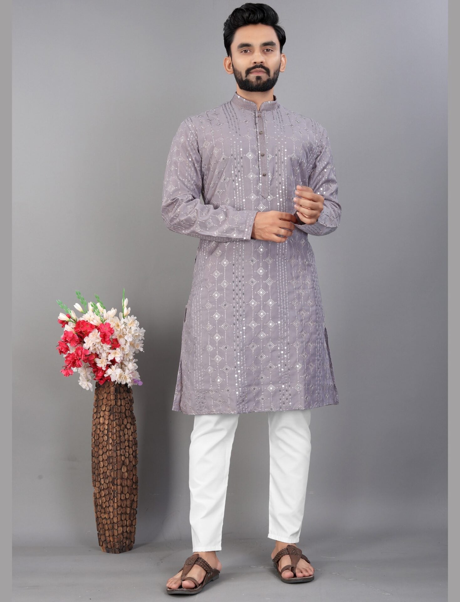 Lilac Embroidered Men Kurta Pajama