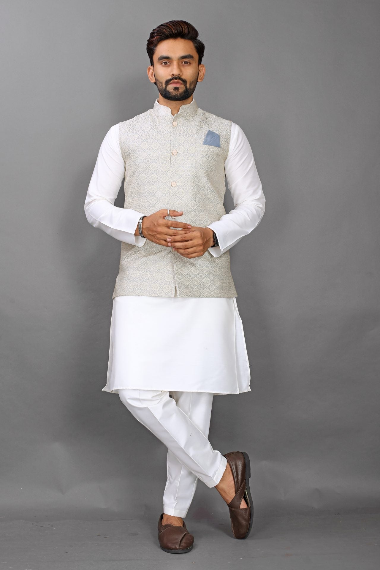 Light Grey Jacqurd Nehru Jacket