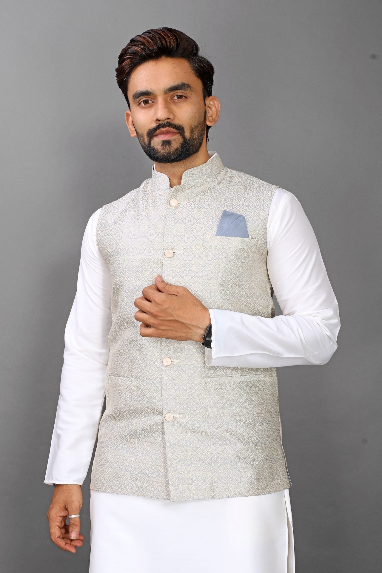 Light Grey Jacqurd Nehru Jacket