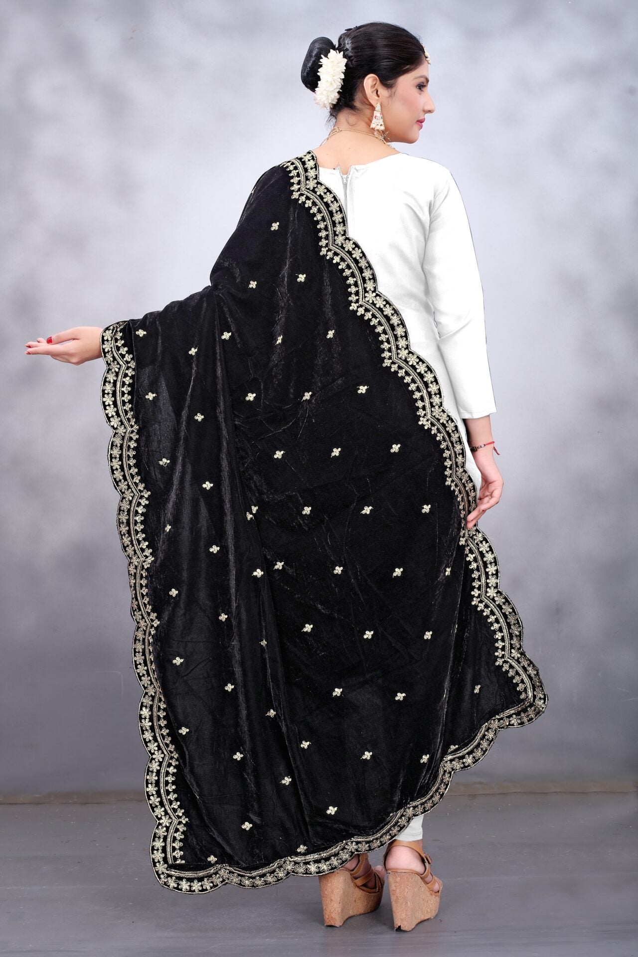 Black Embroidered Velvet Phulkari Womens