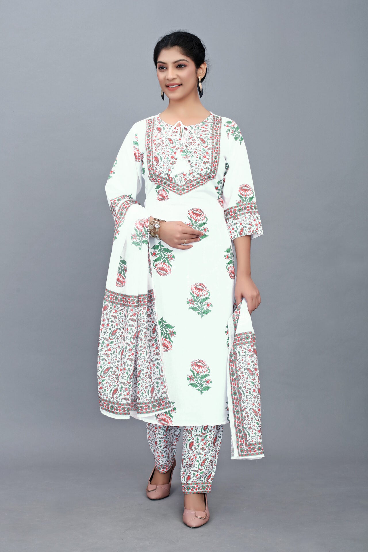 White Cotton Kurti Set Women