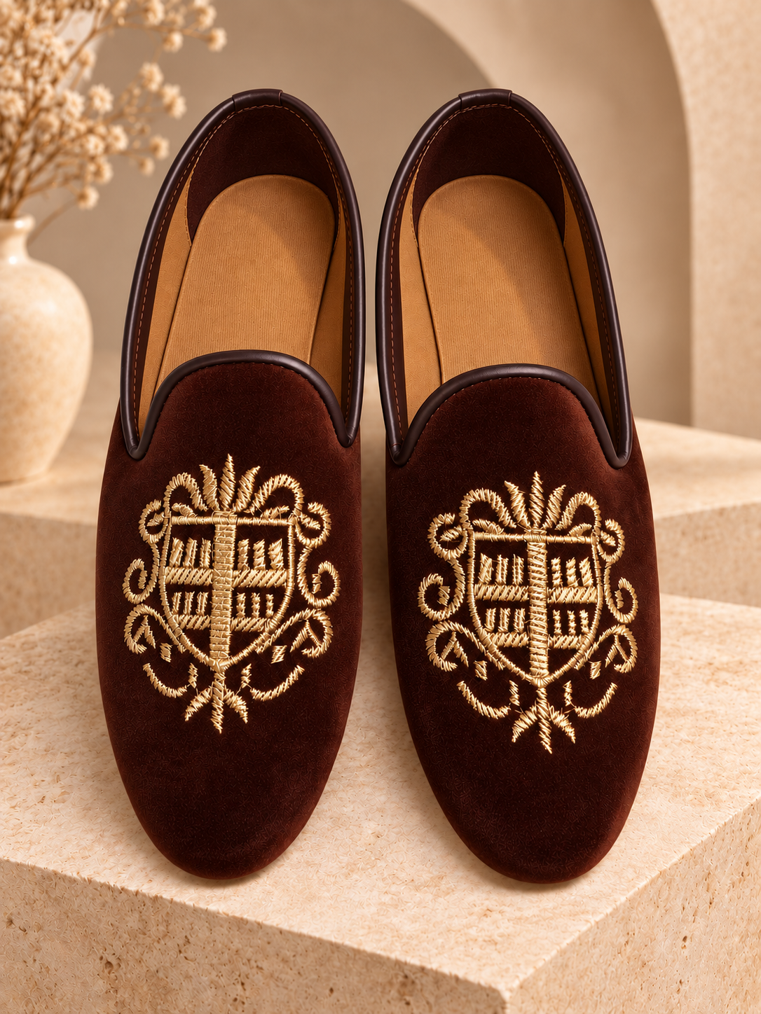 Brown embroidered velvet jutti for men