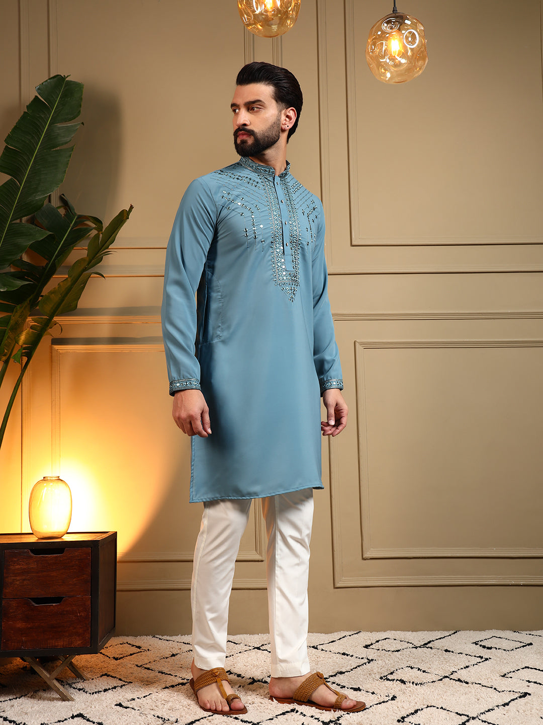 Mens Blue Embroidery Kurta Pajama