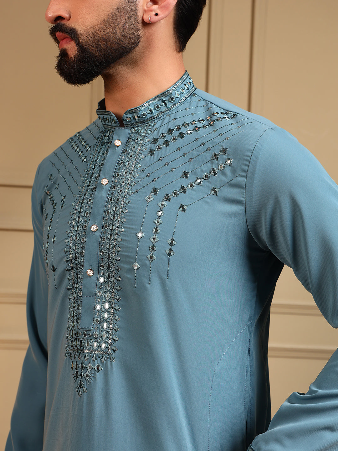 Mens Blue Embroidery Kurta Pajama