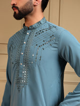 Mens Blue Embroidery Kurta Pajama