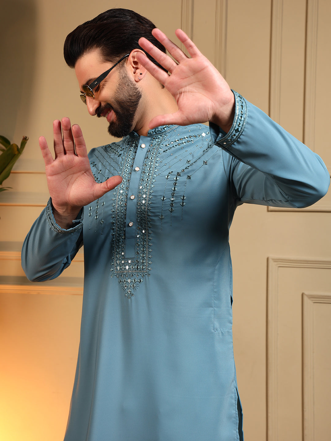 Mens Blue Embroidery Kurta Pajama