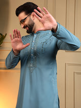 Mens Blue Embroidery Kurta Pajama
