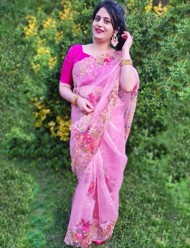 Pink Saree - With Digital Print