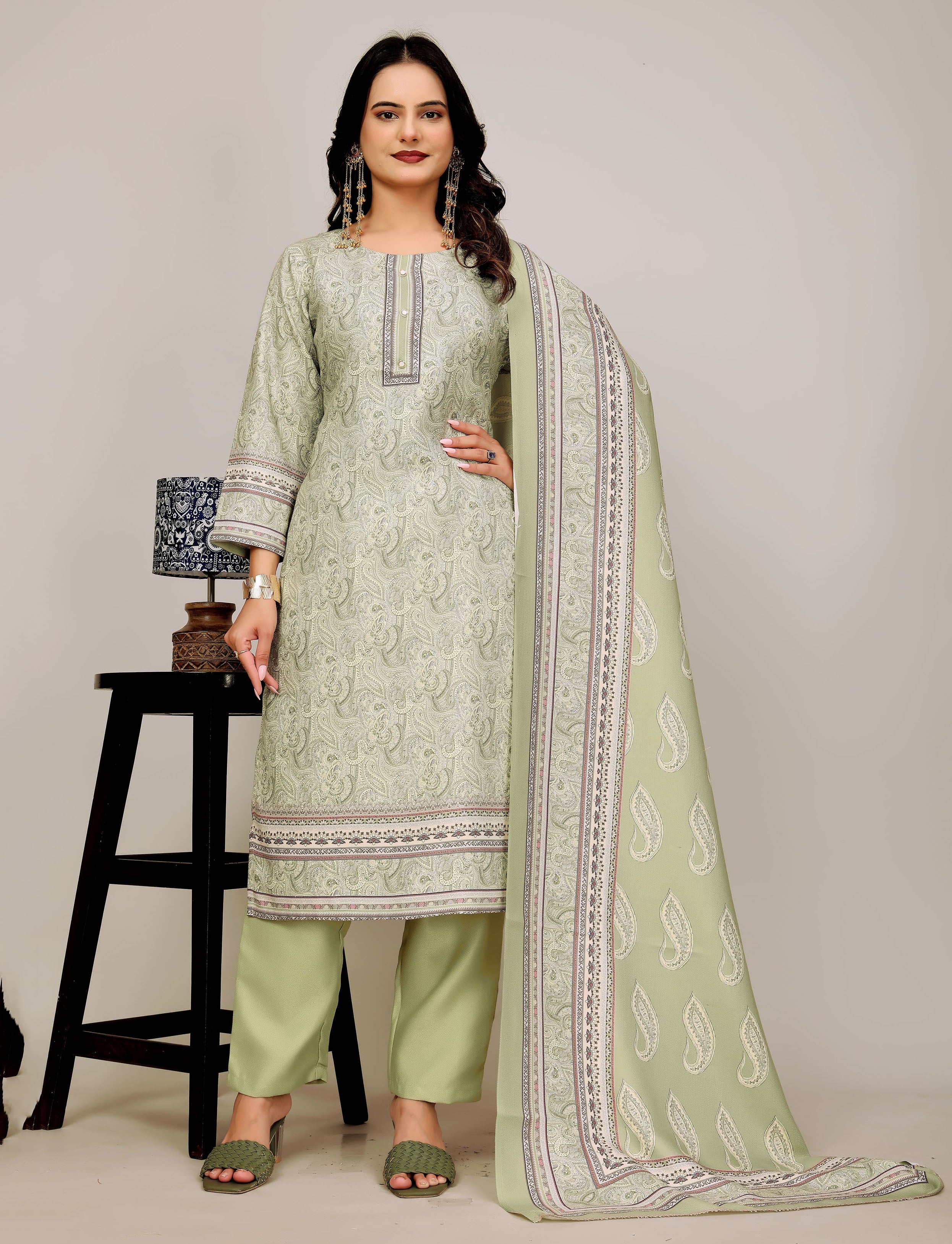 Green Woolen Digital Print Suit