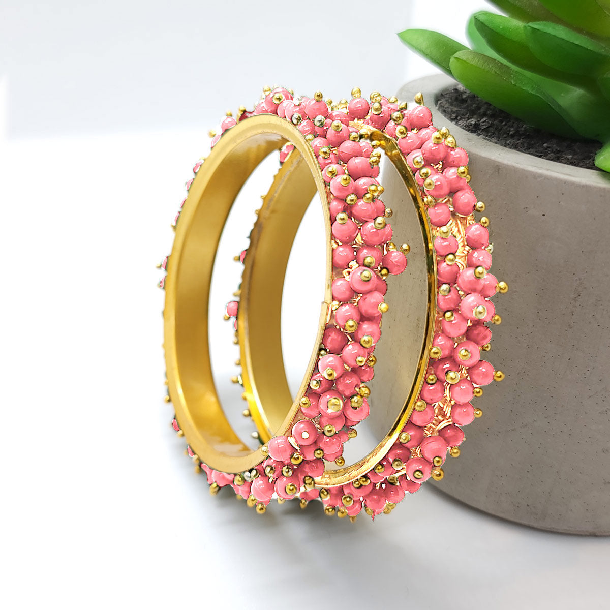 Pink Metal Pearl Gold-plated Bangle Set(Pack of 2)